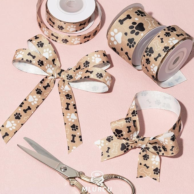 Dog Paw Print and Bone Ribbon Set 3 Rolls Animal Print Grosgrain Ribbons 5/8", 7/8", 1.5", Pet Themed Puppy Party Favor Ribbon for Dog Gift Wrapping, Crafts, Bows, Treat Bags, Pet Decorations