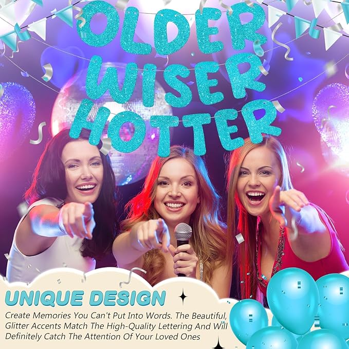 Fulmoon Set of 3 Pre Strung Older Wiser Hotter Glitter Banner Funny Birthday Banner for Women 30th 40th 50th 60th 70th 80th Birthday Party Decorations Sign Gift(Blue)