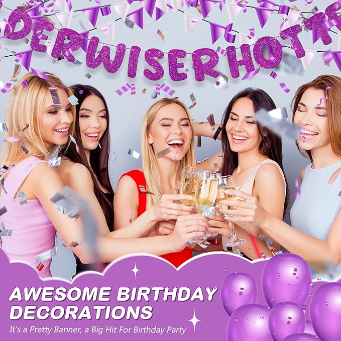 Fulmoon Set of 3 Pre Strung Older Wiser Hotter Glitter Banner Funny Birthday Banner for Women 30th 40th 50th 60th 70th 80th Birthday Party Decorations Sign Gift(Purple)