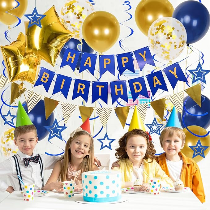 Navy Blue Gold Birthday Decorations, Happy Birthday Banner and Gold Star Balloons, Glitter Hanging Stars with Hanging Swirls, Bunting Banner, for Women Men Boys Party Decoration