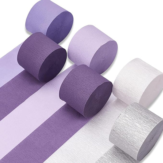 PartyWoo Crepe Paper Streamers 6 Rolls 492ft, Pack of Metallic Silver, Light Purple, Lilac, Lavender Purple, White Crepe Paper for Birthday Decorations, Baby Shower Decorations (1.8 Inch x 82 Ft/Roll)