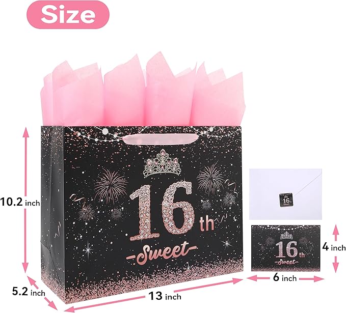 wishinside 13'' Large 16th Birthday Gift Bag Set with Handles, Greeting Card, Pink Tissue Papers and Stickers for 16 Year Old, Her, Girls, Daughter, Best Friend, Tiara Design, 1 Pcs