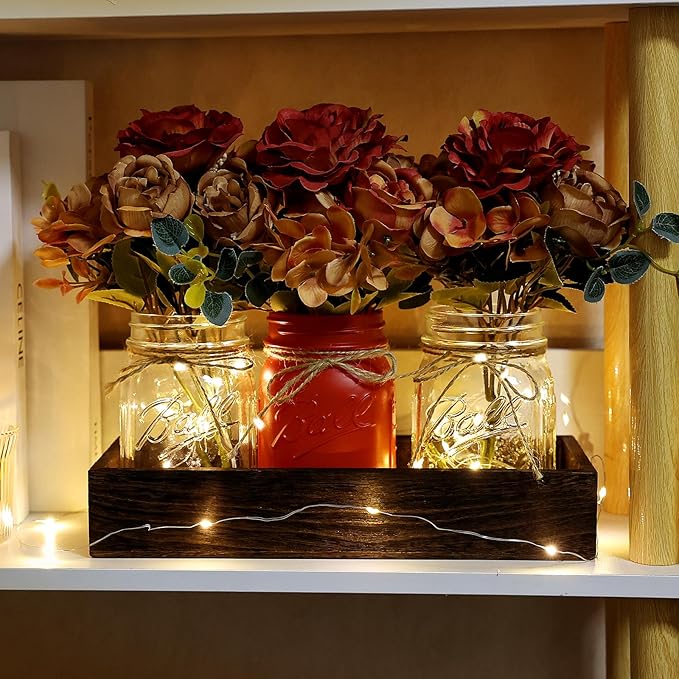 Mason Jar Centerpiece Table Decor for Dining Room Fall Farmhouse Coffee Table Decor with Wood Tray Fairy Lights Fake Flowers for Kitchen Living Dining Room - Orange