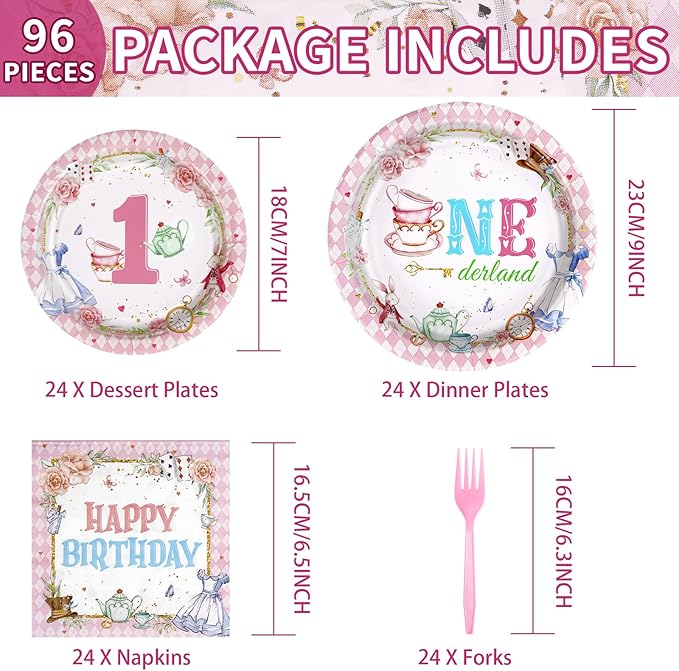 Grencian 96Pcs Onderland First Birthday Party Supplies Onederland 1st Birthday Plates Napkins Forks Disposable Tableware Set for Girls One Year Old birthday Decorations Tea Party Baby Shower Serve 24