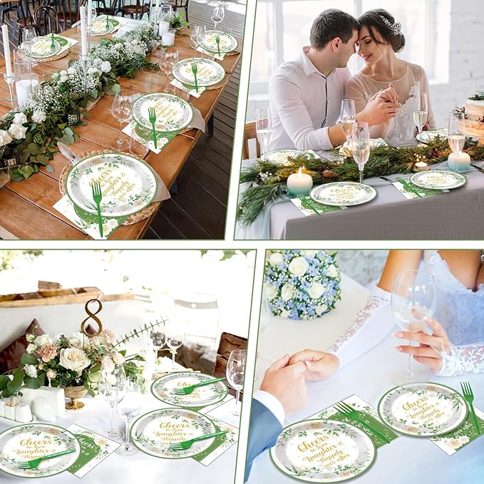 96Pcs Bridal Shower Party Supplies Eucalyptus Leaves Wedding Paper Plates Nankins Sage Green Party Decoration Engagement Cheers to Love Bridal Shower Holiday Dinnerware Party Favor Tableware Serves 24