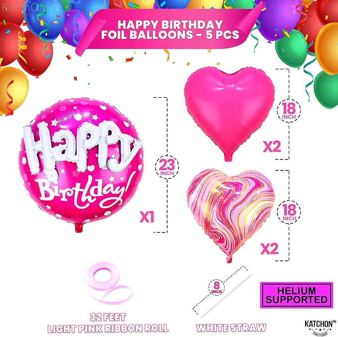 KatchOn, Huge Happy Birthday Balloon Pink Set - 23 Inch, Pack of 5 | Hot Pink Heart Balloons For Happy Birthday Decorations | Foil Balloons For Princess Party Decorations