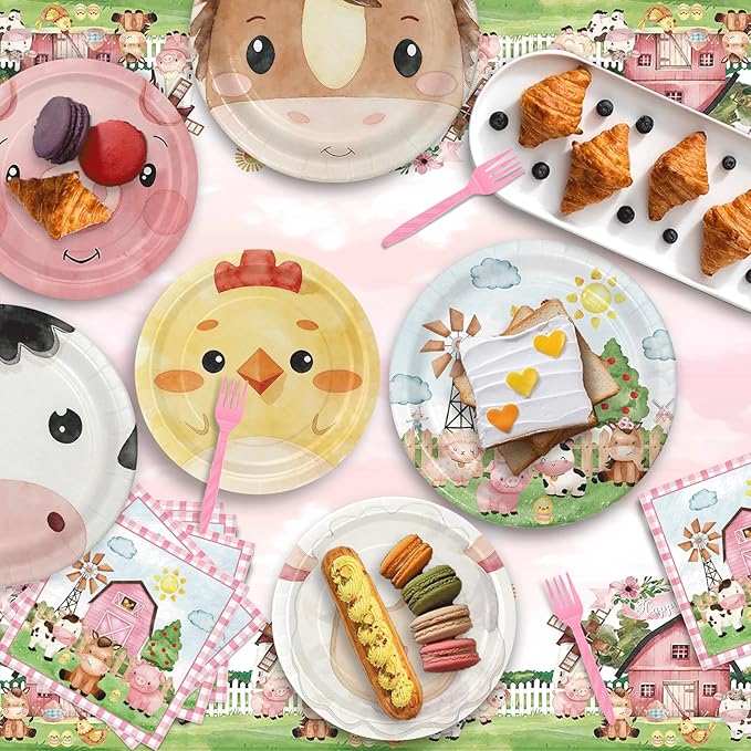 Farm Animals Party Supplies for 36 Guests, 146PCS Disposable Party Tableware Set with Paper Plates, Napkins, Forks and Tablecloths for Kids Birthday Party and Baby Shower