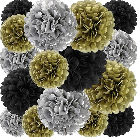 18 PCS Tissue Paper Pom Poms, Tissue Pom Poms Flowers, Sizes of 6", 10", 12", 14" Hanging Paper Flower Ball for Wedding, Birthday, Halloween, Christmas, New Years Party Decor (Black Gold Silver)