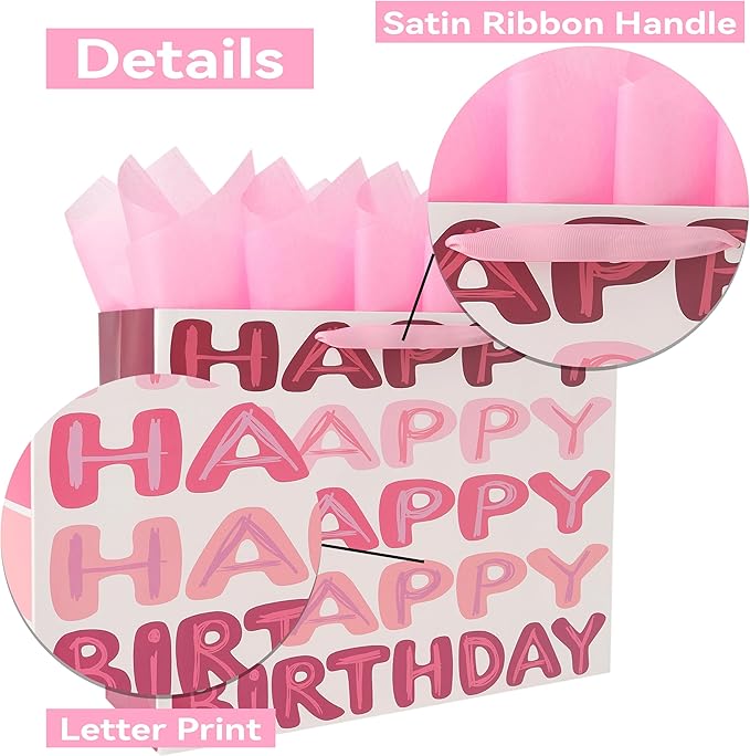 Qirrmiy 16.5" Extra Large Pink Happy Birthday Gift Bag Set with Handles, Greeting Card, Tissue Papers and Stickers for Women Girls Kids Teens, Words Design, 1 Pcs