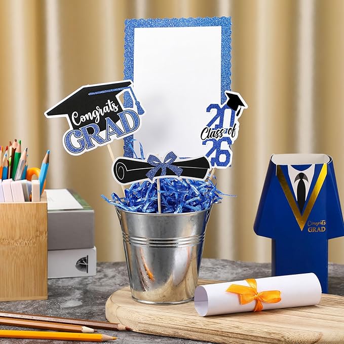 Foilswirl 6 Set 2026 Graduation Table Centerpieces Photo Table Toppers with Small Galvanized Buckets and Shredded Paper Filler for Class of 2026 Graduation Party Decoration(Blue)
