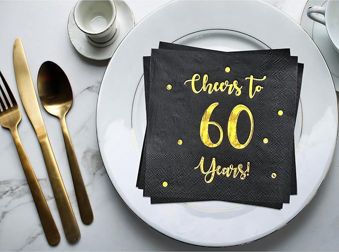 Cheers to 60 Years Cocktail Napkins | Happy 60th Birthday Decorations for Men and Women and Wedding Anniversary Party Decorations | 50-Pack 3-Ply Napkins | 5 x 5 inch folded (Black)