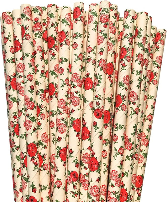100 Pcs Light Pink With Red Rose Flower Paper Straws, Vintage Green Leaf Floral Drinking Straws, Retro Garden Tea Party Wedding Valentine Spring Celebrations Events Cake Pop Sticks (Flower H001)
