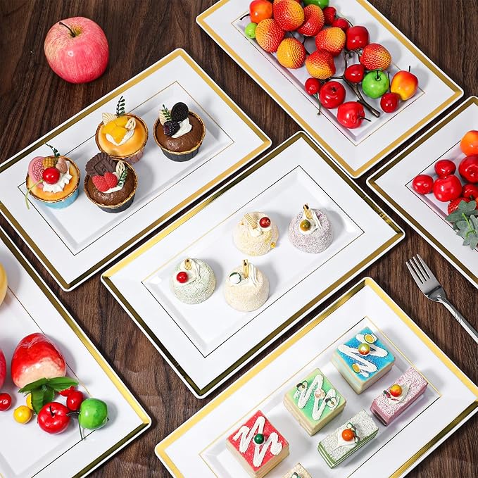 SHENLIU 24 Pcs White Plastic Serving Trays with Gold Rim, Elegant Rectangle Plastic Serving Platter Disposable 13''L×7.8''W Party Trays and Platters for Food Fruit Dessert Cookies Appetizers