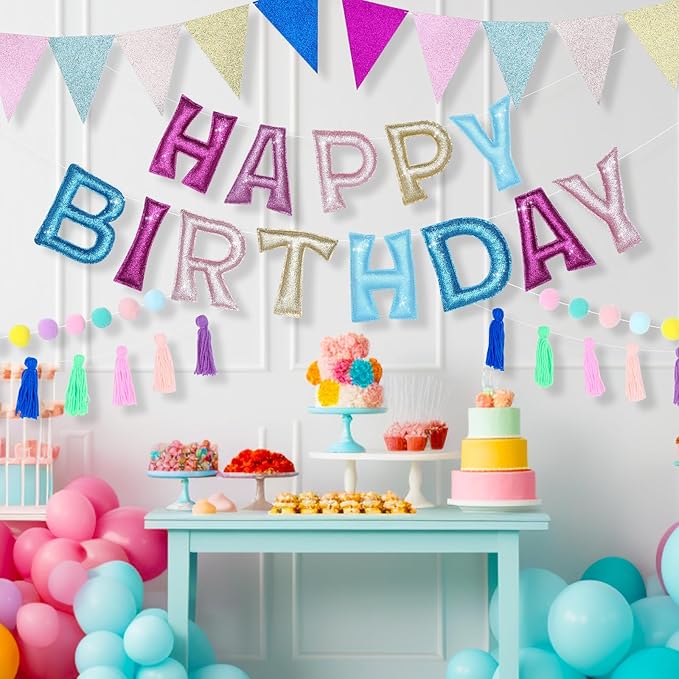 Mindsoft 5 Pcs Pre-strung Unicorn Glitter Happy Birthday Banner Set, Felt Happy Birthday Garland with Ball Garland, Pennant Flags and Tassels, Birthdays Party Decorations for Kids and Adults