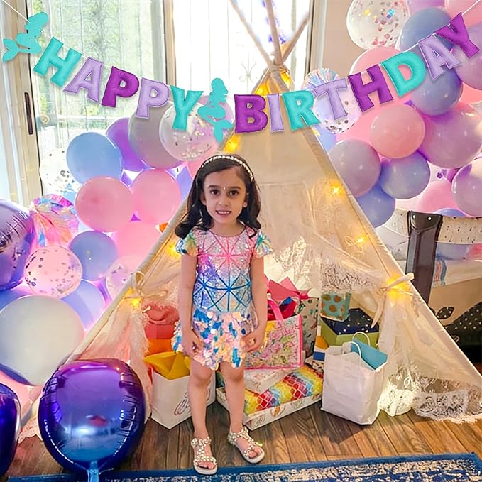 Pre-Strung Mermaid Happy Birthday Banner, Under The Sea Theme Party Decorations, HAPPY BIRTHDAY Garland with Exquisite Mermaid Design, Personalized Festival Sign for Baby Girls Party Decor, Photo Prop