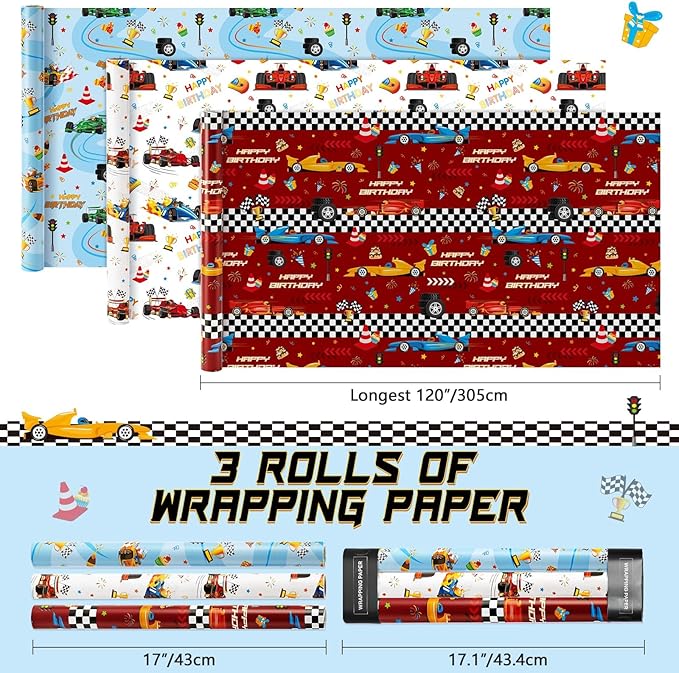 WERNNSAI Race Car Wrapping Paper Rolls - 3 Short Rolls 17 in x 120 in Racing Car for Kids Boy Birthday Truck Car Theme Party Gift Packing Supply Red Blue White Wrapping Paper with Cut Lines