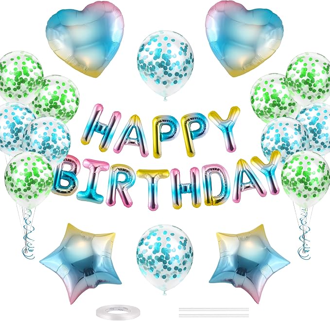 CANREVEL Happy Birthday Balloons Banner 16 Inch Mylar Foil Letters with Star & Heart Balloons Birthday Party Decorations for Men and Women - 29 Pcs Gradient