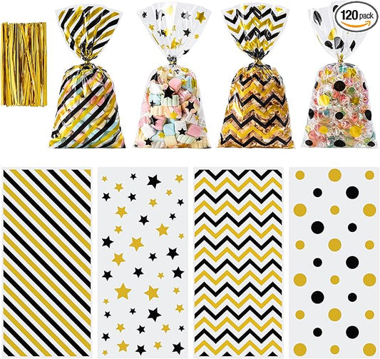 Aegero 120 Pack Black/Gold (wave dots/ wave stripes /diagonal stripes/Star Printed)Cellophane Treat Bags,10.63 x 5.12 Inch Plastic Candy Goodies Bags with 140 Pcs Twists for Valentine,Birthday,Bakery,Wedding,Gift Cookie Snack Packing,Party Favor Supplies
