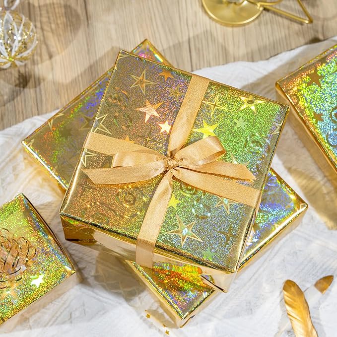 Burymento Gold Wrapping Paper, Metallic Holographic Star Gift Wrap with Shining Design for Birthday, Valentines, Mothers day, Graduation, Wedding, Fathers day, Baby Shower, Christmas (17 IN x 32.8 FT)