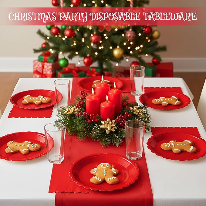 120 Pcs Red Paper Plates and Napkins Party Supplies Bulk Christmas Disposable 7 Inch Scalloped Plates Cocktail Napkins for Xmas Wedding Baby Shower Birthday Decorations, Serve 60 Guests