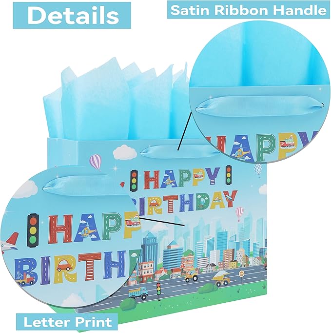 Qirrmiy 13'' Large Birthday Gift Bag Set with Handles, Greeting Card, Tissue Papers and Stickers for Boys', Girls', Kids' Party, Baby, Newborn, Birthday Design, 1 Pcs
