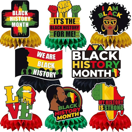 JULMELON 8PCS Black History Month Table Decorations, 3D Double Sided Black History Month Table Centerpieces, African American Honeycomb Office Decor for Party