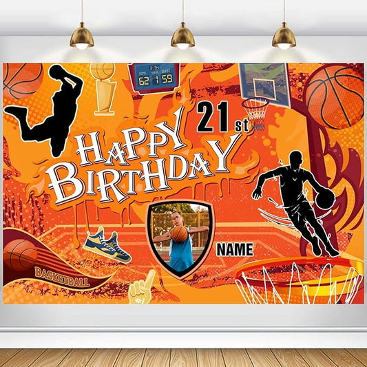 Custom Basketball Theme 21st Birthday Decorations Banner - Personalized Fabric Banner for 21st Birthday Party Supplies