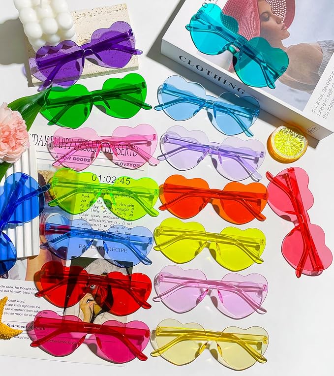 Matcheck 48 Pack Heart Rimless Sunglasses Frameless Colored Party Glasses Transparent Fun Eyewear for Adult