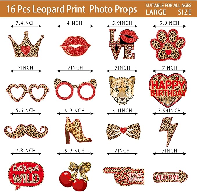 Cheetah and Cherry Birthday Decorations Photo Booth Props Kit Leopard Photobooth with Red and Black Cheetah Print Props Safari Animal Birthday Party Supplies for Girls and Women