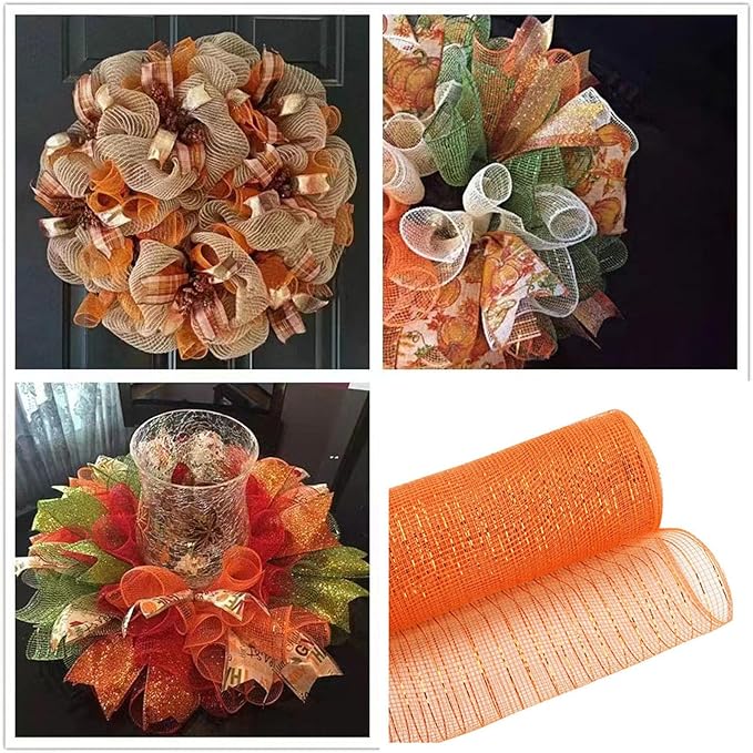 3 Rolls Orange Deco Mesh Ribbon for Wreath Making Supplies, 10 Inch x 30FT Metallic Foil Burlap Deco Mesh Fabric for Fall Thanksgiving Halloween Christmas Wreath Swags and Decorating
