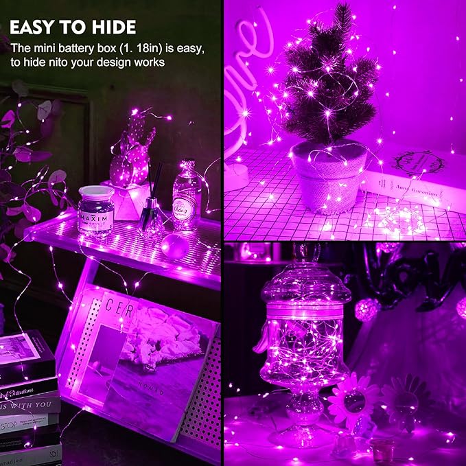 pozzolanas 24 Pack Pink Fairy Lights Battery Operated 3 Modes 7FT 20 LED Waterproof String Lights Twinkle Silver Wire for Mason Jars Wedding Christmas Halloween Party Decor (24, Pink)