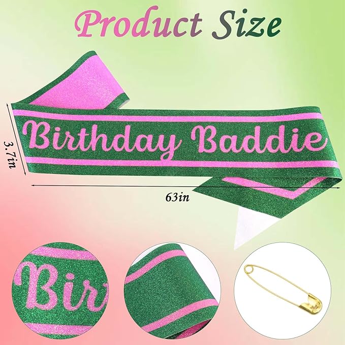 Pink Green Birthday Sash for Girls, Letter "Birthday Baddie" Witch Themed Sash with Glitter Foil, Happy Funny Accessories for Party Favors Supplies