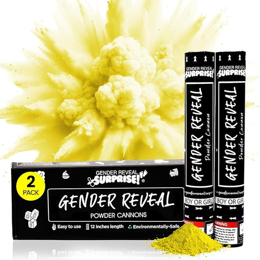 Gender Reveal Surprise - Yellow Powder Cannon - Easy to Use & Colorful Powder Cannon for Baby Gender Reveal Parties, Baby Showers & More - 12 Inch - 2 Pack