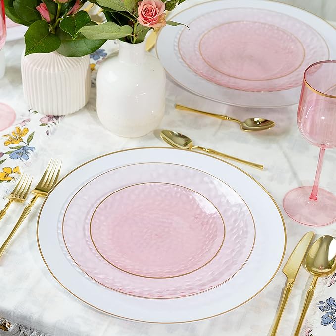 PLASTICPRO 128 Piece Combo Plates Set includes 64-7'' inch Plate & 64-10'' inch Plates Pink Hammered Plastic Party Plate Premium heavyweight Elegant, Disposable, Tableware, Dishes,