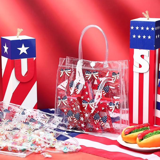 Supervitae 36 Pcs 4th of July Clear Favor Bags with Handle Reusable Red White Blue Bowknot Gift Bag Goodies Treats Totes for Independence Day Birthday Wedding Patriotic Party, 8 x 8 x 3.15 Inch