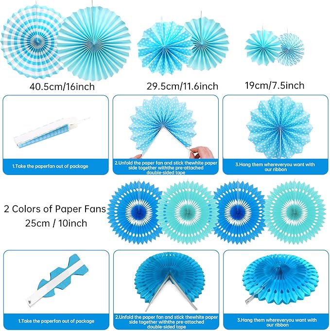 LRCXL Blue Party Decoration, 21Pcs Blue Hanging Paper Fans, Paper Pom Poms Flowers, Pennant, Garland String, Banner for Boy Birthday, Bridal Shower, Baby Boy Showers, Wedding