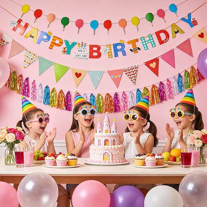 Colorful Happy Birthday Banner, Birthday Decorations Hanging Birthday Sign with Balloon Letter Triangle Bunting Flags, Rainbow Hanging Garland for Women Kids Baby Shower Party Supplies