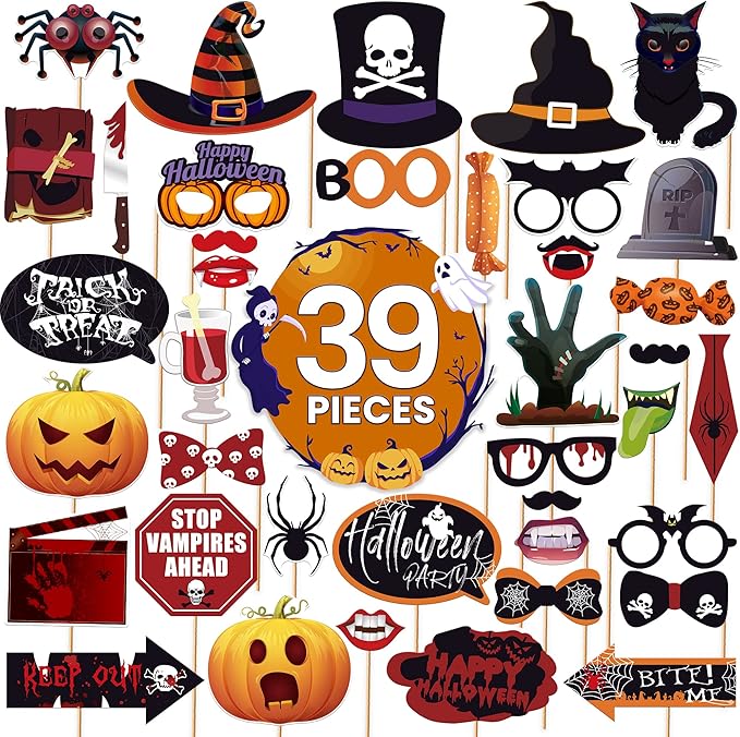 KatchOn, Scary Halloween Photo Booth Props - Large, Pack 39 | Halloween Photo Props for Photoshoot | Hat Halloween Selfie Props for Halloween Party Decorations | Hocus Pocus Halloween Picture Props