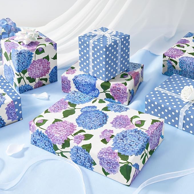 WERNNSAI Floral Wrapping Paper - 1 Roll 17”x 33 ft Blue Hydrangea Flower Wrapping Paper for Women Girls Birthday Supplies Floral Gift Wrap for Wedding Bridal Shower Party Favor