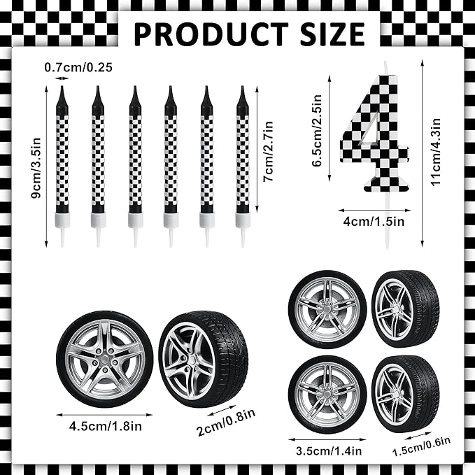 13 Pcs Racing Cars Themed Birthday Candles, Black and White Checkered Birthday Cake Candles, Numeral 4 Candle Wheel Tire for Racing Car Party Decoration Theme Party Supplies