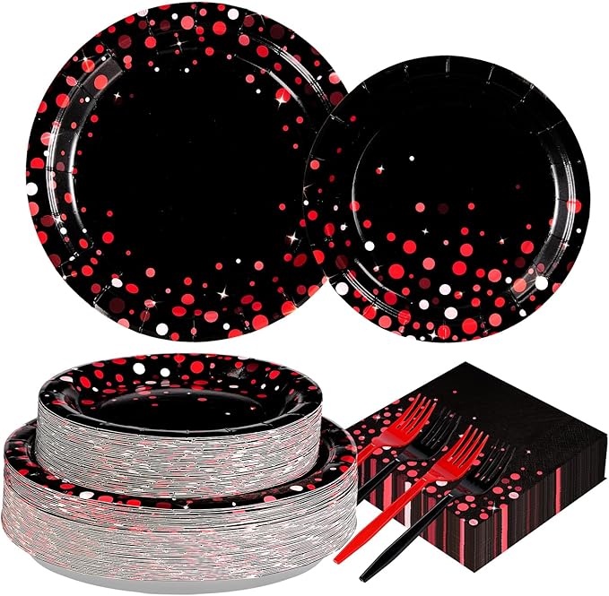 Grencian 200Pcs Black and Red Party Decorations Graduation Red Dot on Black Plates and Napkins Disposable Stranger Tableware Set for Congrats Grad Birthday Wedding Baby Shower Party Supplies Serves 50