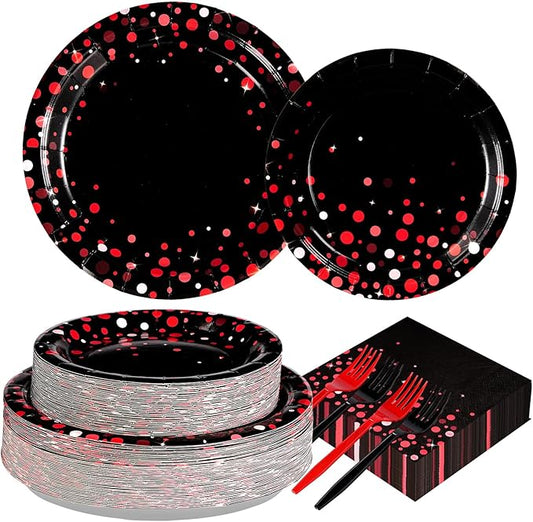 Grencian 200Pcs Black and Red Party Decorations Graduation Red Dot on Black Plates and Napkins Disposable Stranger Tableware Set for Congrats Grad Birthday Wedding Baby Shower Party Supplies Serves 50
