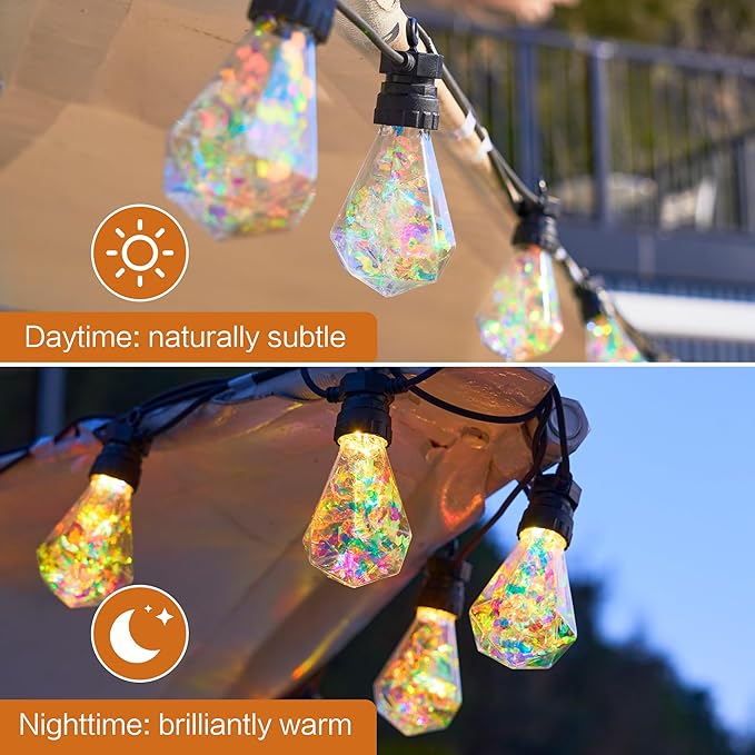 Outdoor String Lights, 66FT 27 LED Iridescent Holographic Bulbs, Waterproof Patio Lights with Remote Control, Shatterproof Connectable Lights for Backyard, Porch, Garden, and Party