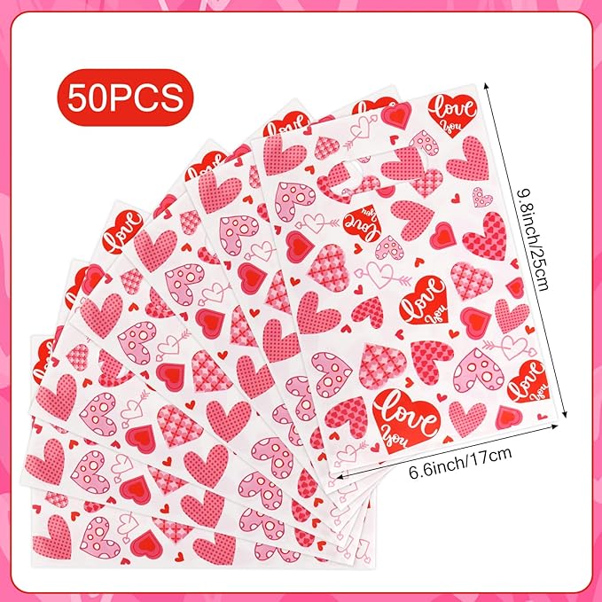 Hxezoc 50 Pieces Valentines Day Gift Bags with Handle, Plastic Treat Candy Bag Heart Goodie Treat Bags for Valentine's Day Anniversary, Baby Showers Birthday Party Supplies