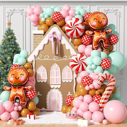 160Pcs Christmas Balloon Arch Garland Kit Xmas Pastel Pink Green Brown Latex Balloons Gingerbread Man Candy Cane Foil Balloons Arch Kit for Christmas New Year Party Birthday Party Decorations