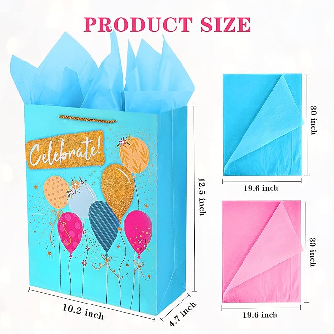 Large Gift Bag Set with Tissue Paper, Big Teal Pink Birthday Gift Bags for Women Girls Her with Handles,Pretty Assorted Birthday Gift Wrap Bags for Present Bag Party Gift Bag Gift Paper Bag for Anniversary Wedding Celebration