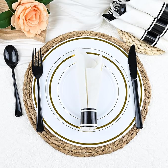 100 Pack Pre Rolled Disposable Utensils, Black Heavy Duty Cutlery Set Disposable Plastic Flatware, Including Forks, Knives, Spoons and Napkins for Parties, Weddings, Dinners & Events