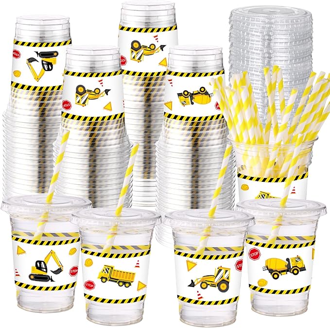 Yungyan 50 Sets Construction Truck Plastic Cups with Lids and Straws 16 oz Disposable Coffee Juice Drinking Hot Cold Clear Cup for Home Birthday Baby Shower Party Favors Supplies Decoration Holiday