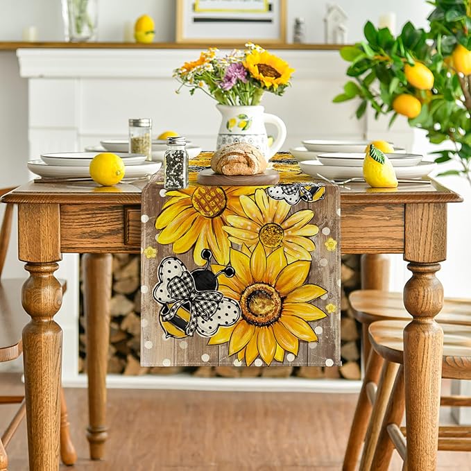 Artoid Mode Wood Sunflower Bee Flower Polka Dot Summer Table Runner, Seasonal Kitchen Dining Table Decoration for Home Party Decor 13x120 Inch