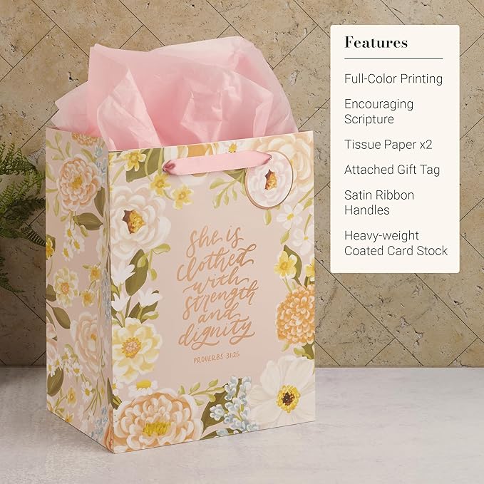 Christian Art Gifts Large Portrait Inspirational Scripture Gift Bag, Tag & Wrapping Tissue Paper Set for Women: Strength & Dignity Encouraging Bible Verse, Satin Ribbon Handles, Pink Multicolor Floral